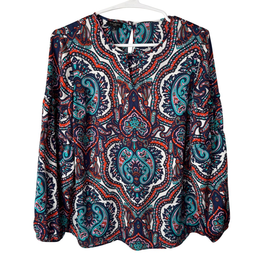 Talbots Petites Navy Orange Paisley Medallion Blouse Ruffle Sleeve‎ Top SP